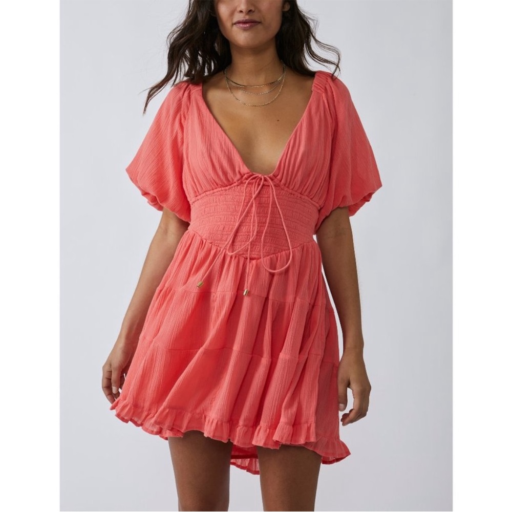 Free People Perfect Day Cotton Tiered Summer Mini Dress Coral Pink Watermelon